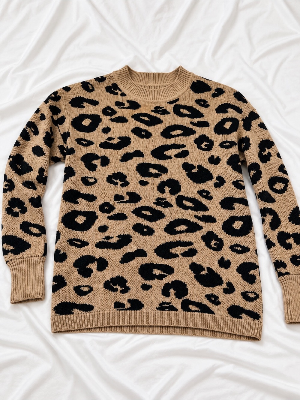 Andree Leopard Jacquard Crewneck Sweater in Tan and Black